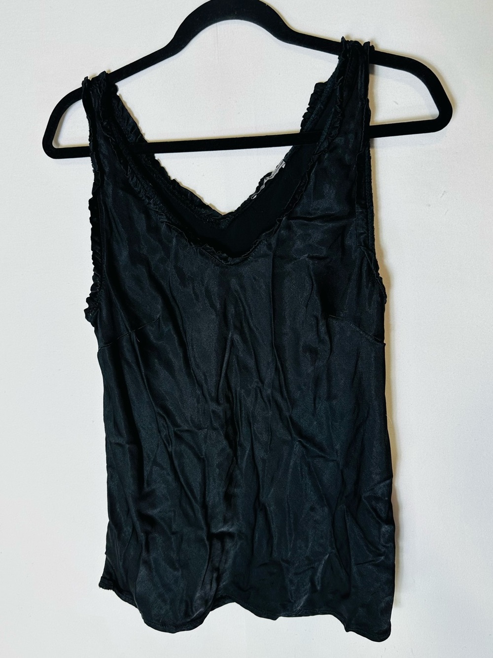 Angela Mara Black Silk Blend V Neck Ruffle Trim Tank Top L Goth Grunge Boho